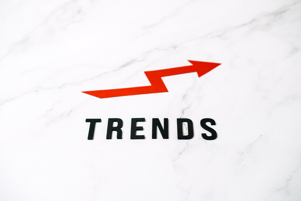 Ecommerce Trends. Marketing, supply chain, commerce strategy and technology. Trends and insights in ecommerce industry. Word trends and red arrow in open notebook