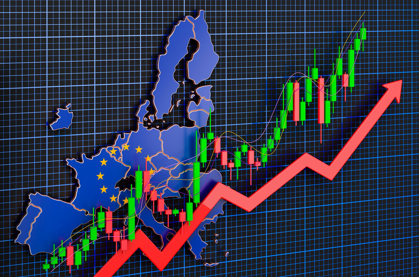 Economic growth in the European Union, uptrend market, concept.