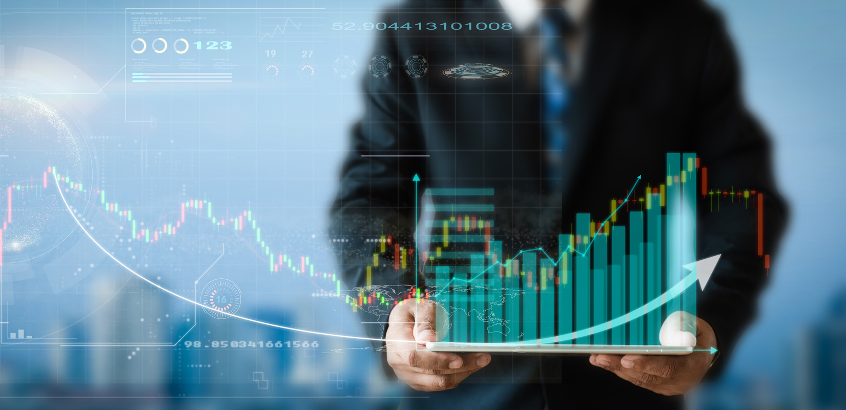 business man holding smart device, business chart' economic growth graph