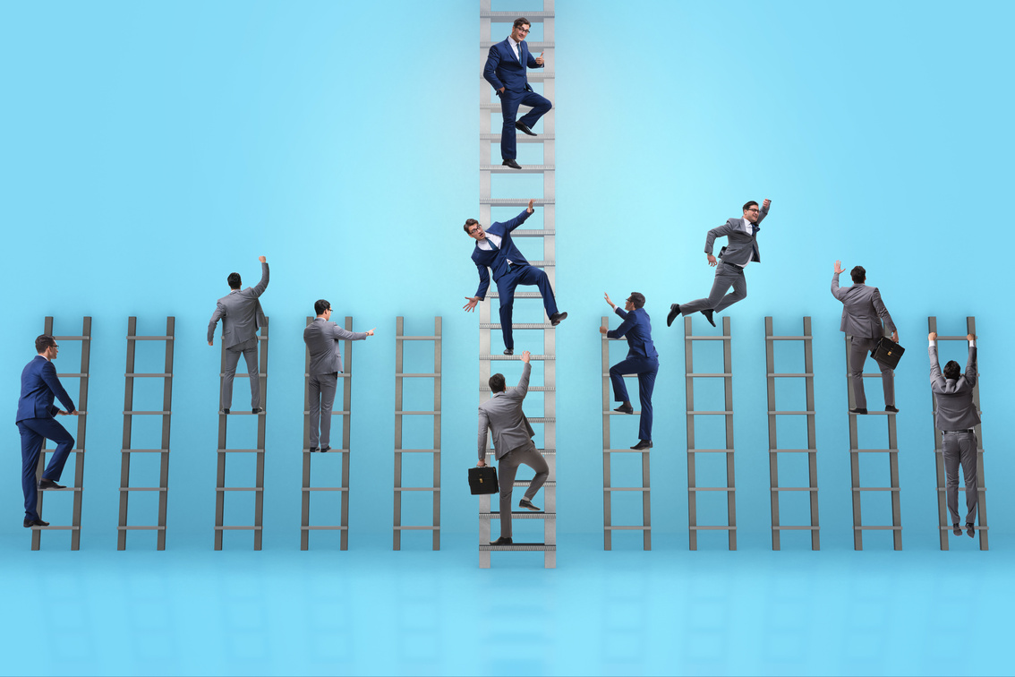 Businessmen Climbing Ladders on Blue Background