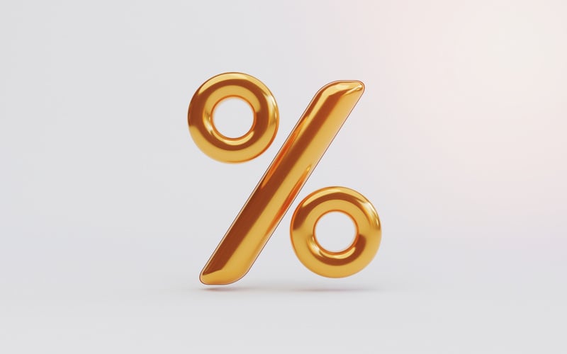 Isolate of golden percentage sign symbol on yellow for discount,