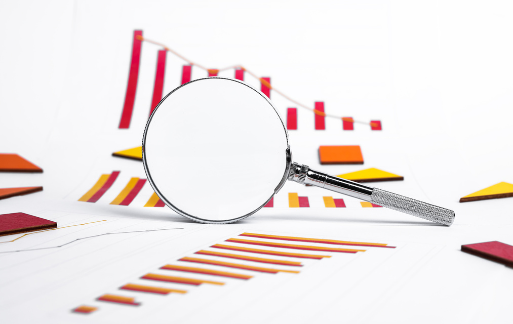 Market Fall, Economic Crisis Analysis. Magnifying Glass and Charts, Diagrams Showing Financial Instability, Business Failure.